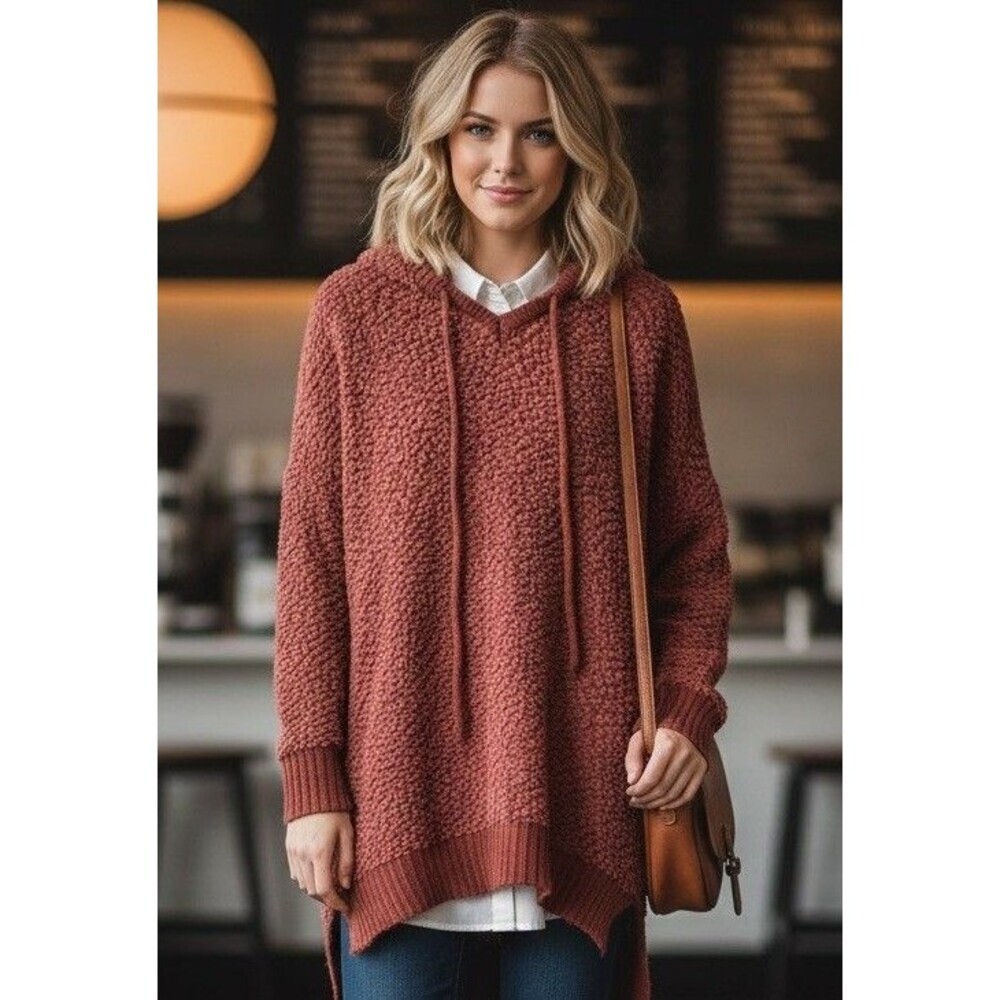 POL Anthropologie Womens Popcorn Knit Hooded Oversized Sweater Rust Red Med